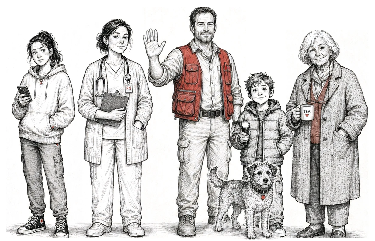 The Hale family, our drawn characters: Lily, Maya, Dan, Sam, Grandma Rose and Biscuit the dog